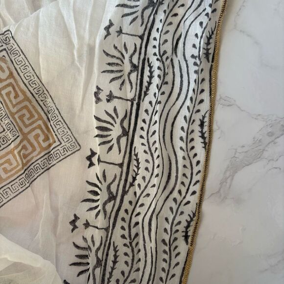 Flowy white black and gold gauzy large wrap scarf with tassels - Picture 7 of 8